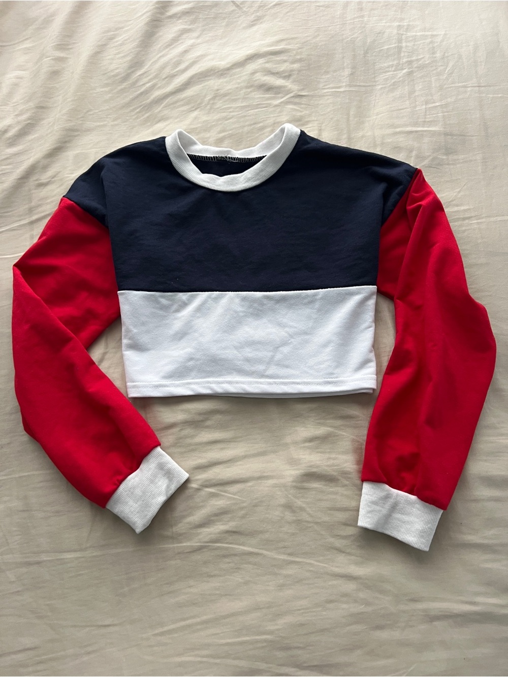 Cropped Colorblock Long-Sleeve Top in Navy, White & Red